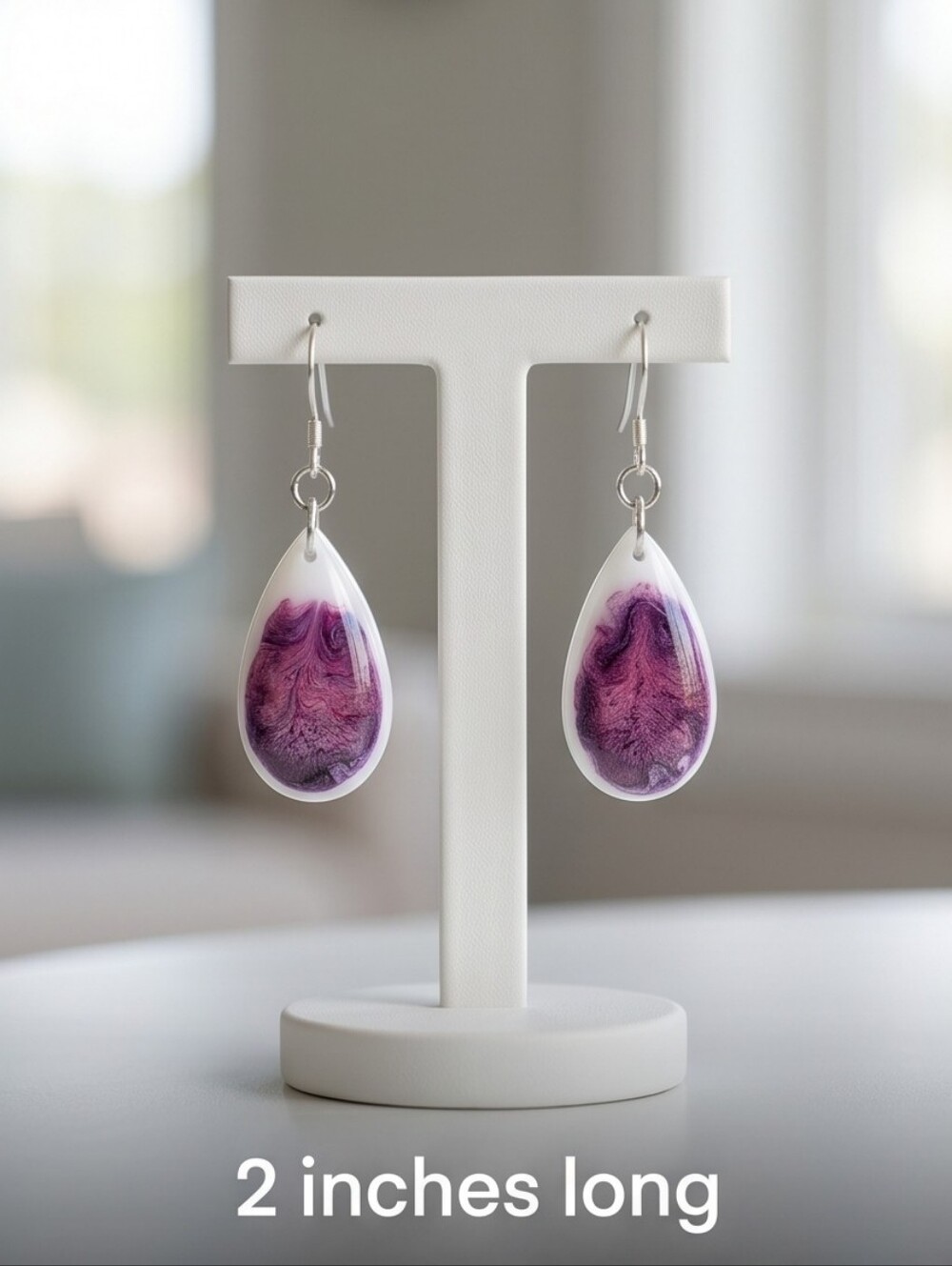 #494 HAND CRAFTED Earrings handcrafted handmade Resin White Pink Purple Teardrop